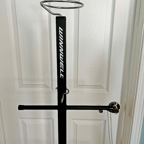 HOCKEY OR SPORTS EQUIPMENT STAND, BLACK STEEL, 3 LONG RODS, 2 SHORT RODS, 1 ROUN - Picture 2 of 5